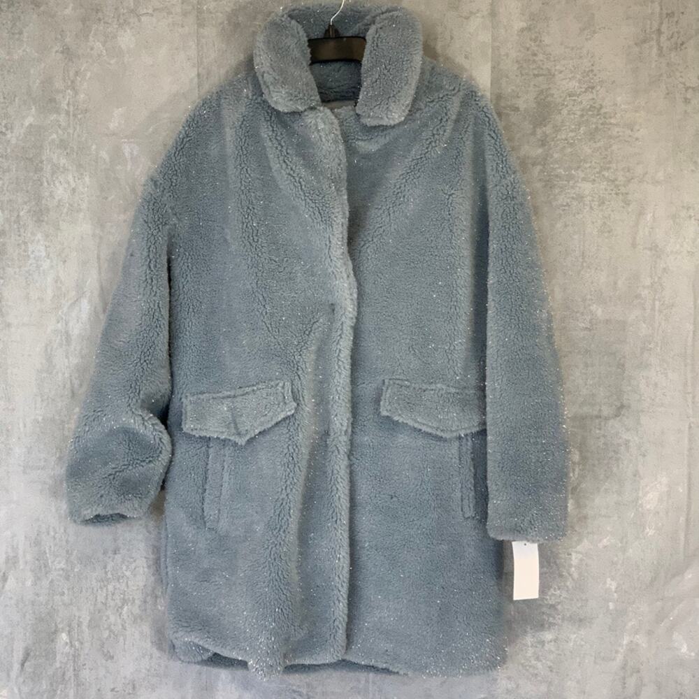 BCBGeneration Baby Blue Lurex Faux Fur Speckled Mid-Length Teddy Coat SZ M